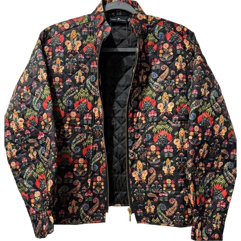 EMILY LOVELOCK Chelsea Quilted Bomber Jacket Black Vibrant 70s Print XS $230